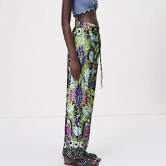 NEW Zara Satin Effect Floral Wide-Leg Pyjama Style Pants in Green, Size S - Picture 8 of 16